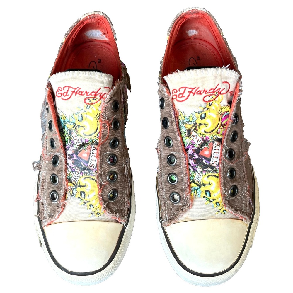 Ed Hardy Tattoo Graphic Canvas Slip On Sneakers Womens 6 UK 3.5 EU 37